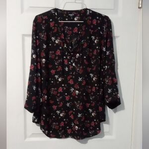 Torrid Harper Black Top with Red Floral and Bird Print